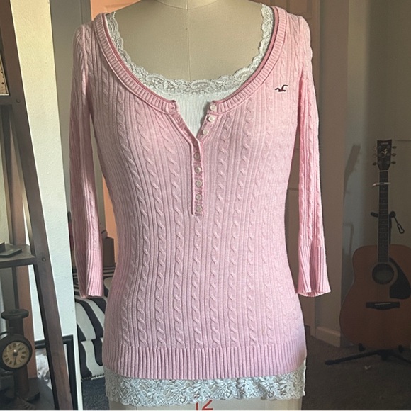 Rare Hollister Y2K vintage pink cable knit 3/4 sleeve Henley top - Picture 4 of 12